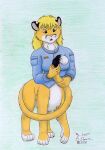  2005 bernard_doove blonde_hair bottomless breasts chakat clothed clothing cougar dipstick_tail felid felid_taur feline female fur goldendale green_eyes hair herm_(lore) holding_own_tail holding_tail mammal mammal_taur multicolored_tail pink_nose shirt solo taur topwear yellow_body yellow_fur 