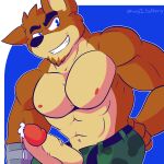 1:1 abs activision alternate_version_at_source anthro bandicoot bodily_fluids clothed clothing crash_bandicoot crash_bandicoot_(series) crunch_bandicoot digital_media_(artwork) erection fizzyjay fur genital_fluids genitals hi_res looking_at_viewer male mammal marsupial muscular muscular_male nipples pecs penis simple_background smile solo video_games 