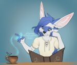  2021 5_fingers anthro artist_name black_nose blue_eyes blue_hair breasts canid canine clothed clothing dated digital_drawing_(artwork) digital_media_(artwork) female fennec fingers fox hair kittydee mammal simple_background smile solo year 