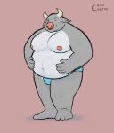  2020 anthro belly bovid bovine bulge cattle clothing crispcactus green_eyes grey_body hi_res horn humanoid_hands male mammal moobs navel nipples overweight overweight_male simple_background solo underwear 