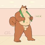  1:1 2021 anthro balls belly black_nose brown_body brown_fur canid canine canis crispcactus domestic_dog duo erection fur genitals hi_res humanoid_genitalia humanoid_hands humanoid_penis male mammal moobs navel nipples overweight overweight_male penis towel 