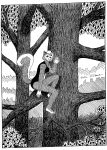  1993 anthro bernard_doove breasts clothed clothing female fur gloves_(marking) hair looking_at_viewer mammal markings monochrome one_piece_suit plant rodent sciurid solo tree tree_squirrel 