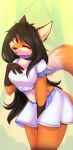  2021 5_fingers anthro black_hair black_nose breasts canid canine clothed clothing desualpha digital_media_(artwork) female fingers fox hair looking_at_viewer mammal one_eye_closed simple_background smile solo wink 