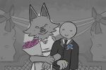  3:2 anthro black_tie_(suit) canid canine canis clothing digit_ring dress duo female flower grey_background happy happy_ending humanoid jewelry male male/female mammal plant ring simple_background suit wedding wedding_dress wedding_ring wolf zzx 