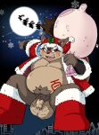  2015 anthro balls belly big_balls black_nose blush canid canine christmas clothed clothing edit english_text flaccid genitals hi_res holidays humanoid_hands male mammal mind_drive mizuse_higomaru momochi_sandayuu moobs moon navel night nipples one_eye_closed outside overweight overweight_anthro overweight_male penis raccoon_dog sengoku_puzzle solo tanuki text uncensored video_games wink 