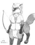  1997 bernard_doove bottomless bow_(weapon) breasts canid canid_taur canine canine_taur chakona_space clothed clothing female fox fox_taur fur gloves_(marking) greyscale hair leg_markings mammal mammal_taur markings monochrome ranged_weapon shirt socks_(marking) solo taur topwear weapon 