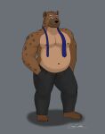  2020 anthro belly bottomwear brown_body brown_fur clothing crispcactus fur hi_res hyaenid male mammal moobs navel nipples overweight overweight_male pants simple_background solo 