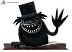  black_body black_eyes black_hair book clothing cryptid-creations digital_media_(artwork) digital_painting_(artwork) fangs hair hat headgear headwear humanoid looking_at_viewer mister_babadook_(the_babadook) open_mouth shaded simple_background solo text the_babadook top_hat url white_background 