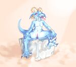  blue_body blue_scales desert ear_piercing ear_ring female flat_chested kobold looking_at_viewer multicolored_body piercing plumfoam scales scalie simple_background sitting solo tongue tongue_out two_tone_body white_body white_scales 