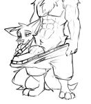  2021 abs absurd_res anthro barefoot big_penis bottomwear canid canine canis clothing duo feet female fox fur genitals hi_res huge_penis male mammal measuring measuring_penis monochrome penis shorts simple_background standing white_background wolf zhanbow 