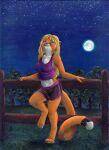  anthro blonde_hair breasts chakona_space clothing cougar felid feline female fur hair kacey looking_up mammal midriff moon navel night orange_body orange_fur outside shirt solo stargazer_(goldfur) tank_top topwear 