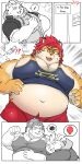  2021 absurd_res anthro aretna behemoth_(housamo) belly bodily_fluids bottomwear clothing comic duo felid hi_res hoodie hug kemono male mammal moobs musclegut navel nomad_(tas) overweight overweight_male pantherine shirt shorts surprise sweat tiger tokyo_afterschool_summoners topwear video_games 