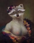  2019 anthro areola breasts brown_body brown_fur bust_portrait clothed clothing exposed_breasts facial_markings female flower_on_head fur grey_body grey_fur head_markings hi_res ira-arn looking_at_viewer mammal markings mask_(marking) nipples portrait procyonid raccoon simple_background smile solo topwear 