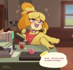  absurd_res animal_crossing anthro big_breasts bimbofication breast_expansion breasts canid canine canis collar domestic_dog english_text expansion feet_on_table female hi_res hypnosis isabelle_(animal_crossing) mammal mind_control nintendo paws smile solo spiral_eyes text vaguecreature video_games 