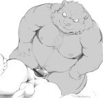  2021 anthro anus balls belly butt censored duo erection genitals hachirouta hi_res human human_on_anthro humanoid_genitalia humanoid_hands humanoid_penis imminent_anal imminent_sex interspecies kemono larger_anthro male male/male mammal monochrome moobs nipples overweight overweight_male penis simple_background size_difference smaller_human solo_focus ursid white_background 