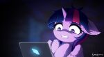  2021 bodily_fluids clenched_teeth computer digital_media_(artwork) equid equine eyelashes female feral friendship_is_magic hair hasbro hi_res horn laptop mammal multicolored_hair my_little_pony purple_eyes scared solo symbianl tears teeth twilight_sparkle_(mlp) winged_unicorn wings 