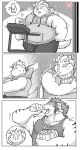  2021 anthro aretna behemoth_(housamo) belly bodily_fluids bottomwear clothing comic crying duo eating exercise eyes_closed felid food hi_res hoodie humanoid_hands kemono male mammal nomad_(tas) overweight overweight_male pantherine pants shirt tears tiger tokyo_afterschool_summoners topwear video_games workout 