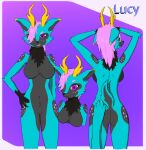  anthro blue_body blue_fur breasts butt canid canine cervid dark_grey_fur dawolf1339 digital_media_(artwork) dots female fur hair horn hybrid lucy_(dawolf1339) mammal pink_hair purple_eyes simple_background solo yellow_horn 