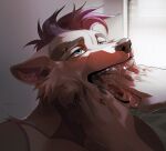  2021 anthro blue_eyes bodily_fluids canid canine canis damien_wolf duo eyebrow_piercing facial_piercing fangs fur hand_in_mouth inside male mammal open_mouth piercing saliva teeth tongue tongue_piercing unknowhiter white_body white_fur wolf 