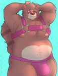  absurd_res anthro belly brown_body brown_fur bulge canid canine clothing fur hair hands_behind_head harness hi_res jockstrap male mammal milky_(milkysodaa) nipples overweight overweight_male pecs raccoon_dog simple_background sleepypandaburr solo tanuki underwear 