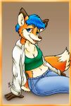  2007 anthro black_nose blue_eyes blue_hair breasts canid canine cleavage clothed clothing dipstick_tail female flinters fox fur gradient_background hair mammal midriff multicolored_tail navel open_mouth orange_body orange_fur shirt simple_background solo tank_top teeka teeth topwear 