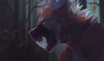  2019 anthro canid canine canis detailed_background digital_media_(artwork) eyebrows fangs forest fur hi_res male mammal mask open_mouth orange_body orange_fur outside plant solo teeth tree unknowhiter wolf 