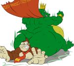 2018 3_toes 5_fingers anthro ape back_muscles belly biceps big_belly big_butt biped bracelet butt cape cape_only claws clothing crocodile crocodilian crocodylid crown digital_media_(artwork) donkey_kong_(character) donkey_kong_(series) duo falling fangs feet fingers fist flat_colors green_body green_scales green_tail haplorhine hi_res huge_butt huge_thighs jewelry king king_k._rool kremling male mammal mostly_nude motion_blur motion_lines musclegut muscular muscular_anthro muscular_male necktie nintendo obese obese_anthro obese_male open_mouth open_smile overweight overweight_anthro overweight_male pecs pink_tongue plantigrade primate reagan700 red_eyes reptile royalty scales scalie shadow sharp_teeth simple_background size_difference smile snout teeth thick_thighs toe_claws toes tongue triceps video_games white_background white_claws wide_hips 