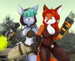  2016 anthro april_(sherwoodboy) belt big_breasts blood blue_body blue_eyes blue_fur bodily_fluids bottomwear breasts brown_body brown_fur brown_hair canid canine cleavage clothed clothing detailed_background digital_media_(artwork) duo etra_(ladyroo) eyelashes female fingerless_gloves fingers fox fur gloves hair hammer hand_holding handwear huge_breasts kangaroo long_hair macropod mammal marsupial melee_weapon multicolored_body multicolored_fur multicolored_hair navel orange_body orange_fur outside pants photo_background red_hair sandwich-anomaly scar smile standing teal_hair teeth tools torn_bottomwear torn_clothing torn_pants weapon white_body white_fur 