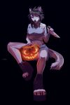  2018 absurd_res anthro black_background bottomwear canid canine canis clothed clothing coyote digital_media_(artwork) eyebrows female food footwear fruit hair halloween hi_res holding_knife holidays jack-o&#039;-lantern knife mammal plant pumpkin purple_eyes shoes simple_background sitting topwear unknowhiter 