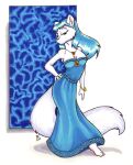  2007 anthro blue_eyes blue_hair bracelet breasts cleavage clothed clothing domestic_cat dress felid feline felis female flinters fur hair jewelry long_hair mammal necklace solo white_body white_fur 