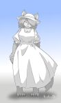  absurd_res big_breasts breasts canid claws clothing desdemor dress female feral fur grey_body grey_fur hi_res kiukiu mammal simple_background smile solo sun_hat white_clothing white_dress 