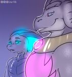  absurd_res anthro dragon duo flay_(wingedwilly) frill_(anatomy) girl_staring_at_man&#039;s_chest glowing grin hi_res horn jewelry looking_at_muscles male male/male meme muscular muscular_male rathos reptile scales scalie smile stare submissive teeth wingedwilly 