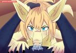  2021 angry anthro artoonu being_held blonde_hair blue_body blue_eyes blue_scales bodily_fluids cum cum_from_nose cum_in_nose cum_inside deep_throat dragon duo female first_person_view forced fur furry_dragon genital_fluids genitals hair hand_on_head hands_on_thighs looking_at_viewer male male/female oral oral_penetration penetration penis pov_blowjob pushed_down running_makeup running_mascara scales signature simple_background tears text yellow_body yellow_fur 