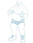  2018 anthro balls_outline barely_visible_genitalia barely_visible_penis belly bravo bulge clothed clothing erection erection_under_clothing genital_outline genitals hat headgear headwear hi_res humanoid_hands male mammal moobs navel overweight overweight_male penis penis_outline simple_background sketch solo ursid white_background 
