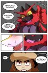  2021 anthro black_body black_fur blush bodily_fluids braixen comic dialogue english_text fur gesture group hi_res incineroar kingbriarturtle male nintendo open_mouth pok&eacute;mon pok&eacute;mon_(species) red_body red_fur smeargle sweat sweatdrop text thumbs_up tongue tongue_out video_games 