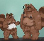  2021 2wuff anthro balls belly big_balls brown_body brown_fur canid canine duo eyes_closed fur genitals hi_res leaf male mammal moobs navel nipples overweight overweight_male penis raccoon_dog tanuki 