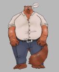  ... 2020 2wuff anthro belly big_belly bottomwear brown_body brown_fur canid canine clothing eyewear fur glasses hi_res humanoid_hands male mammal overweight overweight_male pants raccoon_dog shirt simple_background solo tanuki topwear 