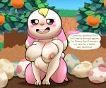  2021 6:5 absurd_res all_fours animal_crossing anthro belly big_belly big_breasts blonde_hair blush bodily_fluids breasts chrissy_(animal_crossing) citrus_tree dialogue egg english_text eyelashes female food fruit fruit_tree hair hi_res inviting kneeling lagomorph leaning leaning_forward leporid mammal nintendo nipples nude open_mouth open_smile orange_(fruit) orange_tree outside plant pregnant rabbit smile softestpuffss solo straw sweat text text_box tree video_games white_body 