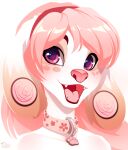  2019 anthro canid canine canis collar digital_media_(artwork) domestic_dog fangs female footprint fur glistening glistening_eyes hair mammal open_mouth pacevanrign pawprint pink_eyes pink_hair pink_nose simple_background smile solo teeth tongue white_background white_body white_fur 