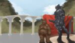  2021 2wuff anthro belly brown_body clothing detailed_background duo erection genitals hi_res male male/male mammal moobs muscular muscular_male nipples outside overweight overweight_male penis rhinocerotoid size_difference underwear ursid 