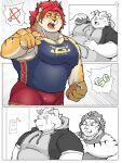  2021 absurd_res anthro aretna behemoth_(housamo) bodily_fluids bottomwear clothing comic crying duo eyes_closed felid food hi_res hoodie humanoid_hands kemono male mammal muscular muscular_male nomad_(tas) overweight overweight_male pantherine shirt shorts tears tiger tokyo_afterschool_summoners topwear video_games 