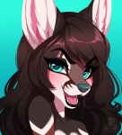  2020 anthro black_nose breasts canid canine digital_media_(artwork) eyebrows eyelashes female fenec green_background green_eyes mammal open_mouth pacevanrign simple_background smile solo teeth tongue 