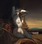  2021 4_toes ancient_greece ancient_rome anthro areola biped black_body black_fur blizzard_entertainment blue_body blue_fur braided_hair breasts canid canine canis column digital_media_(artwork) digital_painting_(artwork) feet female fur grey_nipples hair hand_behind_head hi_res ira-arn kneeling looking_at_viewer mammal nipples nude ponytail raised_arm solo toes video_games warcraft were werecanid white_body white_breasts white_fur wolf worgen yellow_eyes 