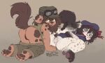  abbie_(motsutambo) all_fours anthro balls blush bottomless clothed clothing duo erection eyewear felid female genitals goggles goggles_on_head gynomorph hat headgear headwear hi_res hyaenid intersex long_labia looking_at_viewer looking_back lying male male/female mammal micropenis military_uniform motsu_(motsutambo) motsutambo on_back pantherine penis pussy sailor_uniform small_penis snow_leopard spotted_hyena uniform 