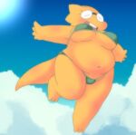  2021 alphys alpi anthro belly big_breasts bikini breasts camel_toe chubby_female clothing cloudscape eyewear female glasses jumping lizard midair non-mammal_breasts overweight overweight_anthro overweight_female reptile scales scalie short_stack sky solo swimwear thick_tail thick_thighs under_boob undertale video_games wide_hips yellow_body yellow_scales 