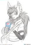  absurd_res anthro bepis canid canine clothing drinking ear_piercing female flesh_tunnel gauged_ear greyscale hair hi_res industrial_piercing jacket lillith_toa_idril mammal maned_wolf monochrome neck_tuft piercing prosthetic prosthetic_arm prosthetic_limb shoulder_bag solo straw the_gentle_giant tied_hair topwear tuft 