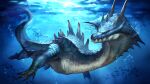  16:9 4k absurd_res ambiguous_gender blue_background blue_body blue_scales bubble capcom claws countershade_torso countershading feral finger_claws hi_res lagiacrus leviathan_(mh) long_neck long_tail long_torso monster_hunter red_eyes scales scalie sea_monster shaded shiburingaru321 simple_background solo spikes spikes_(anatomy) swimming toe_claws underwater video_games water white_body white_countershading widescreen 