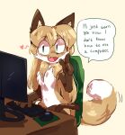  anthro averi_(fiddleafox) canid canine chair computer computer_mouse countershade_torso countershading english_text female fiddleafox fox fur furniture gloves_(marking) hi_res mammal markings multicolored_body multicolored_fur solo speech_bubble text two_tone_body two_tone_fur 