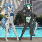  1:1 absurd_res anthro bikini bikini_pull breasts clothed clothing clothing_pull cutie_mark duo equid equine exhibitionism fan_character female female/female flashing_breasts flashing_pussy flat_chested genitals gesture hasbro hi_res horn invalid_background looking_at_genitalia mammal my_little_pony navel nipples one-piece_swimsuit partially_clothed pegasus ponynamedmixtape pussy skimpy smile swimming_pool swimwear swimwear_pull teenager unguligrade_anthro unicorn v_sign wings young 