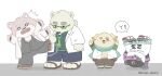  2021 alp_(tas) anthro bottomwear canid canine canis chibi clothing cu_sith_(tas) domestic_dog eyewear footwear giant_panda glasses group hat headgear headwear jambavan kemono leib_(tas) male mammal pants polar_bear roiyo_micro sandals scared scarf shirt shorts slightly_chubby tokyo_afterschool_summoners topwear ursid ursine video_games 